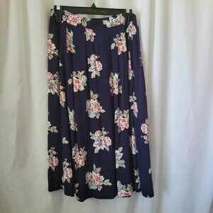 Prophecy Sag Harbor Skirt Navy Blue floral pink roses Medium Petite MP pull on